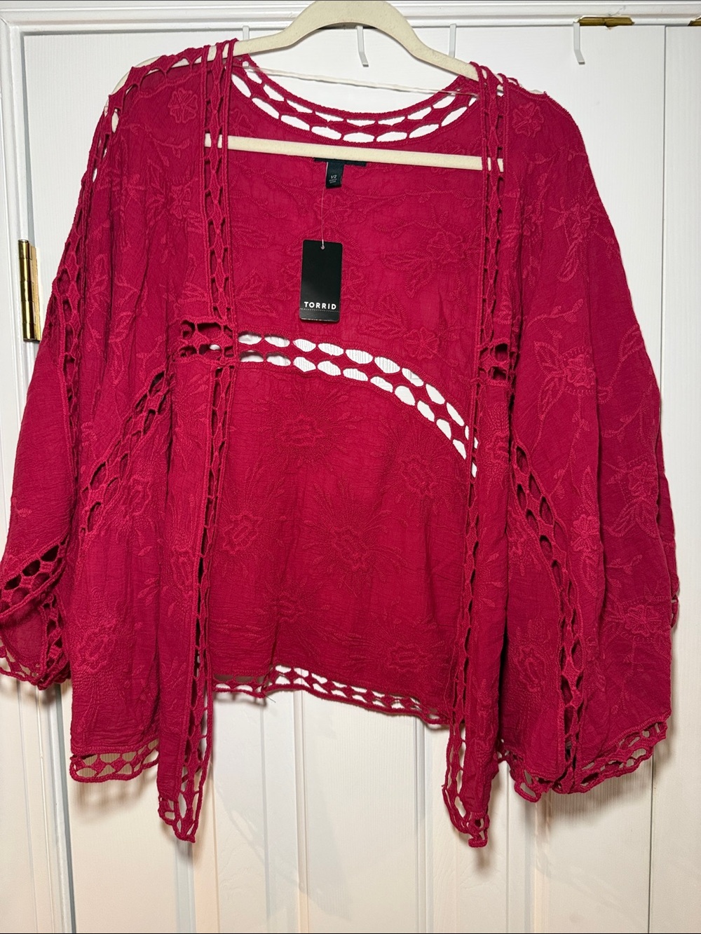 torrid raspberry openwork crochet cardigan / kimono